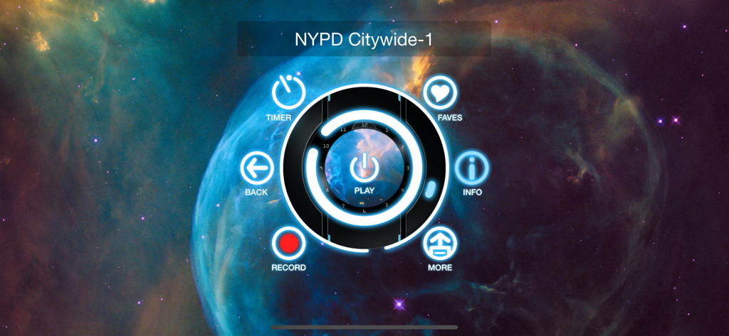 Police Scanner Plus app interface showing NYPD Citywide radio station feed with play and record buttons