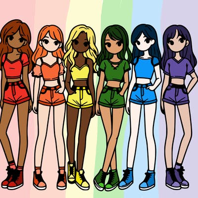 a group of girls wearing crop tops and shorts