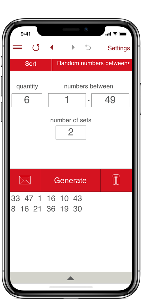 Interfaz de la aplicación Random Number Generator que muestra dos conjuntos de seis números entre 1 y 49.