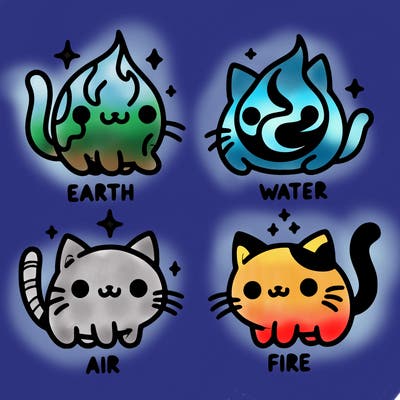 4 cats that represent the different elements, earth, water, air, and fire
