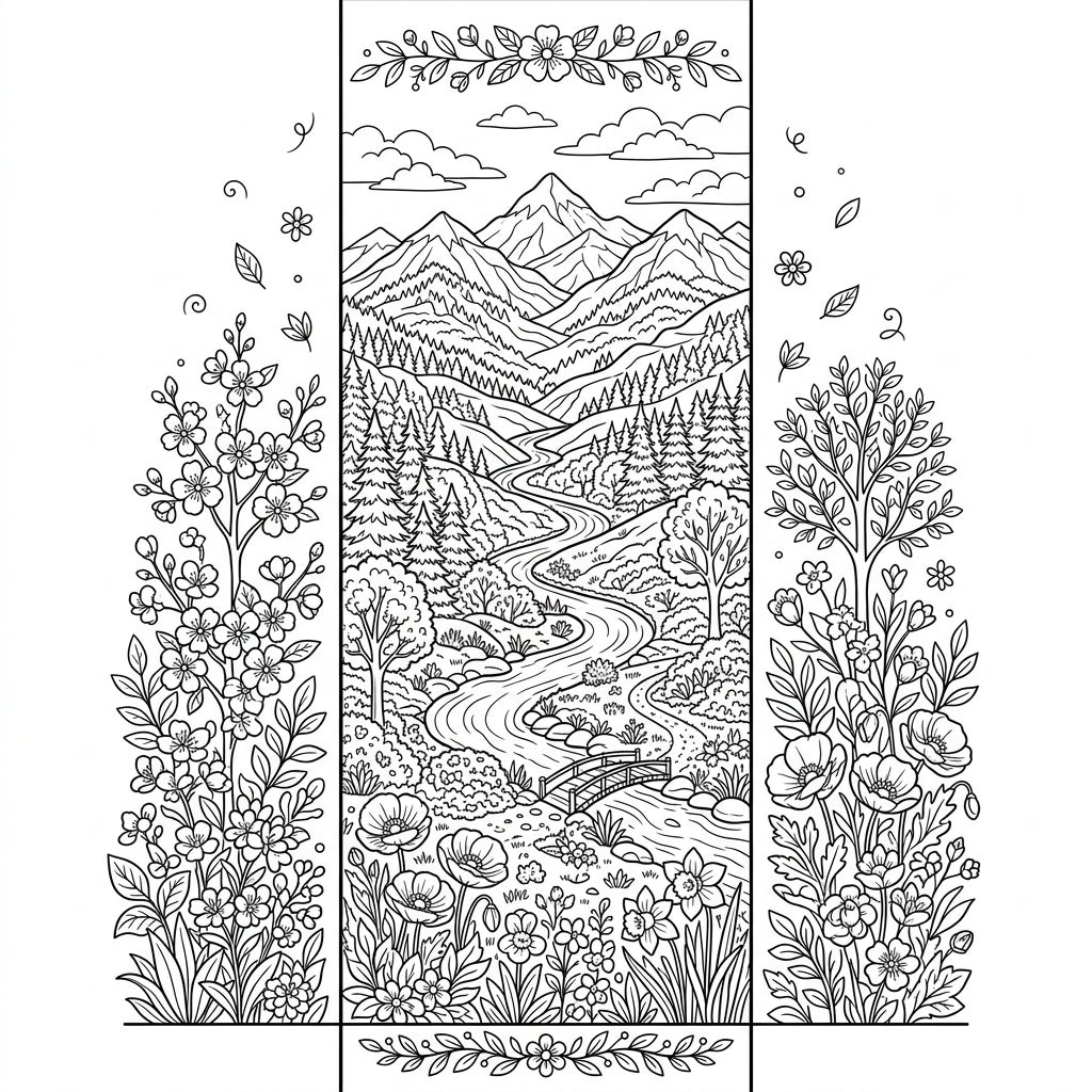 Spring Landscape Bookmark: Nature's Renewal Coloring Page
