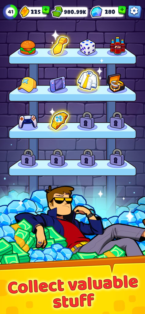 Merge Millionaire：Rich Craft - Personagem deitado em dinheiro com prateleiras de itens de luxo para colecionar em Merge Millionaire