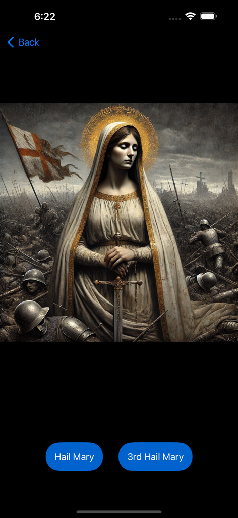Little Crown of Mary - Religious illustration of the Virgin Mary holding a sword on a battlefield within the Little Crown of Mary app.