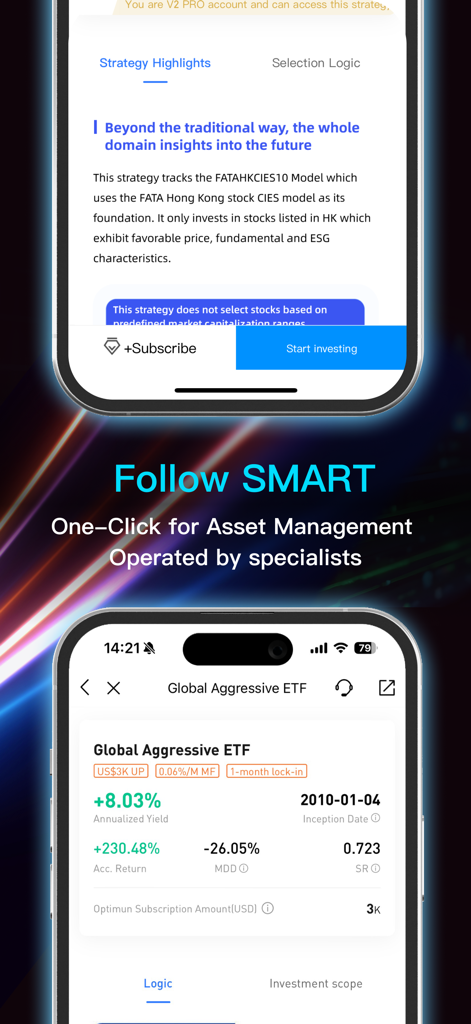 uSMART HK: No.1 Tech Broker^ - Mobile screens of the uSMART HK app showing the Follow SMART feature for one-click asset management and investment strategy performance.