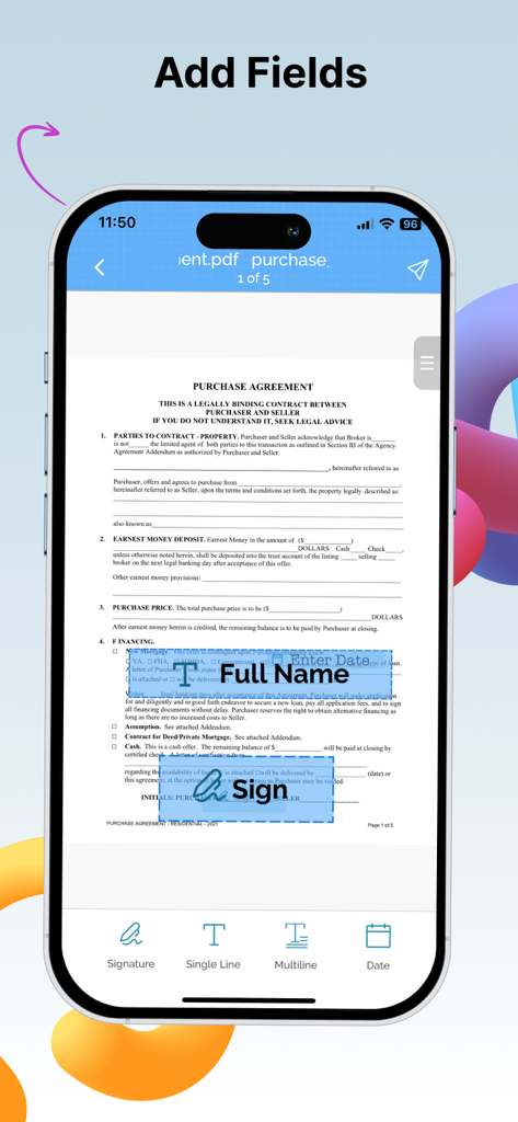 eZy Sign,Scan & Fill Documents - Interface do aplicativo móvel mostrando um usuário adicionando campos de nome completo, data e assinatura a um acordo de compra em PDF.