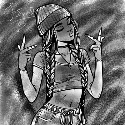 realistic teenage girl with braids and a beanie and crop top doing 🫶🏼