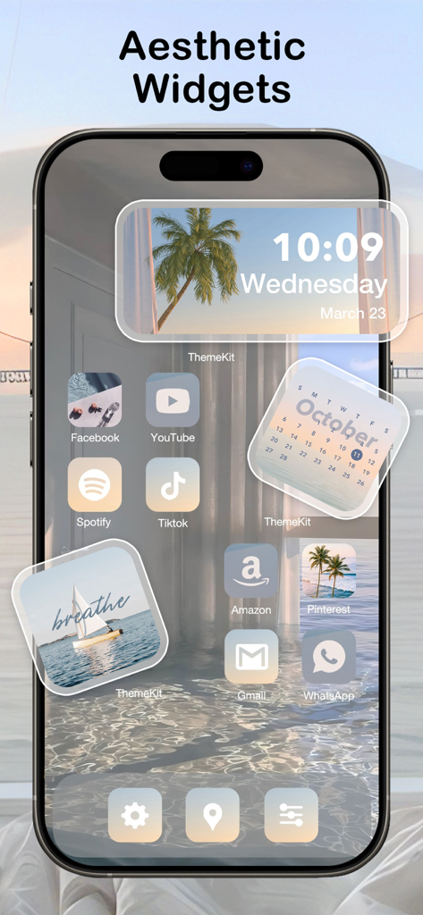 Themelia: Theme & Widget - iPhone home screen featuring aesthetic beach-themed widgets and custom app icons from Themelia.