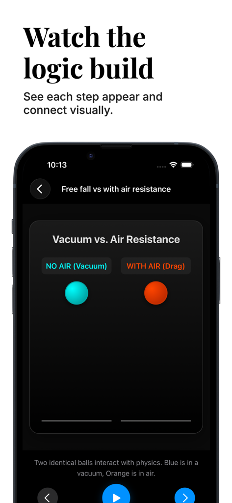 Claryzo: Ask, Play, Learn (AI) - A physics lesson comparison between a vacuum and air resistance on the Claryzo mobile app