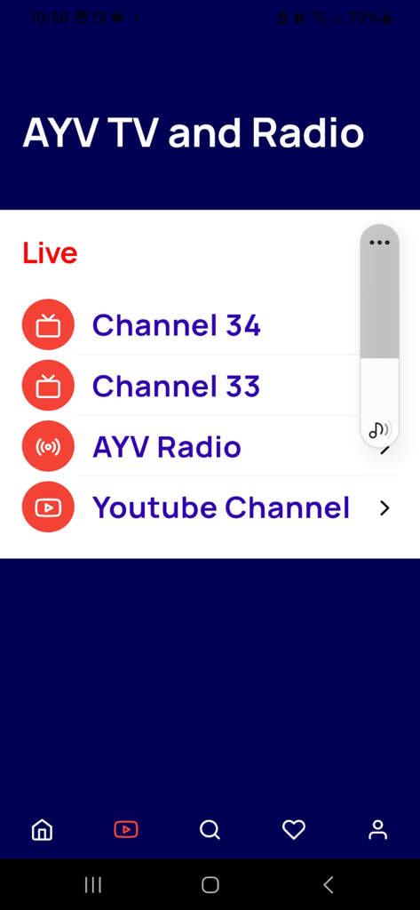 Screenshot dell'app AYV NEWS che mostra le opzioni di streaming in diretta per i canali TV 33 e 34, AYV Radio e il canale YouTube