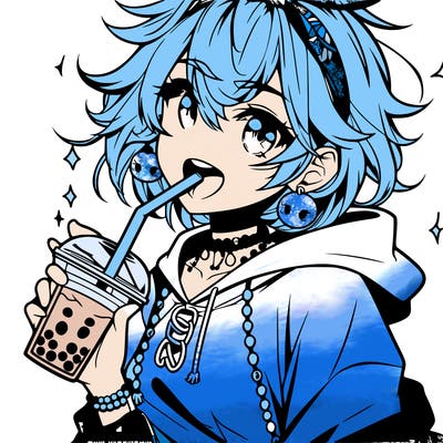hot baddie anime girl drinking boba and biting the straw