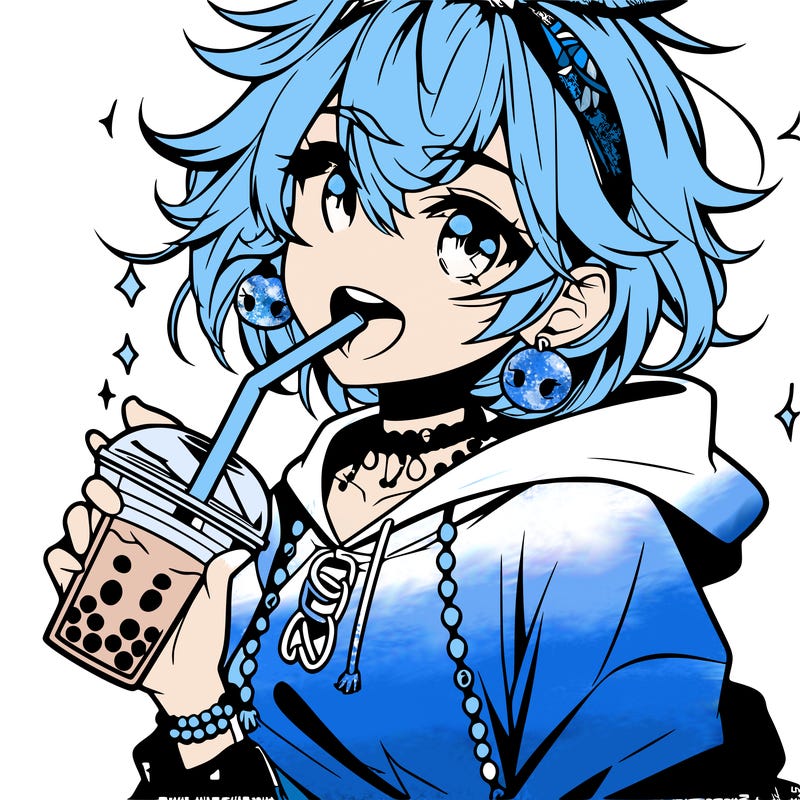 hot baddie anime girl drinking boba and biting the straw