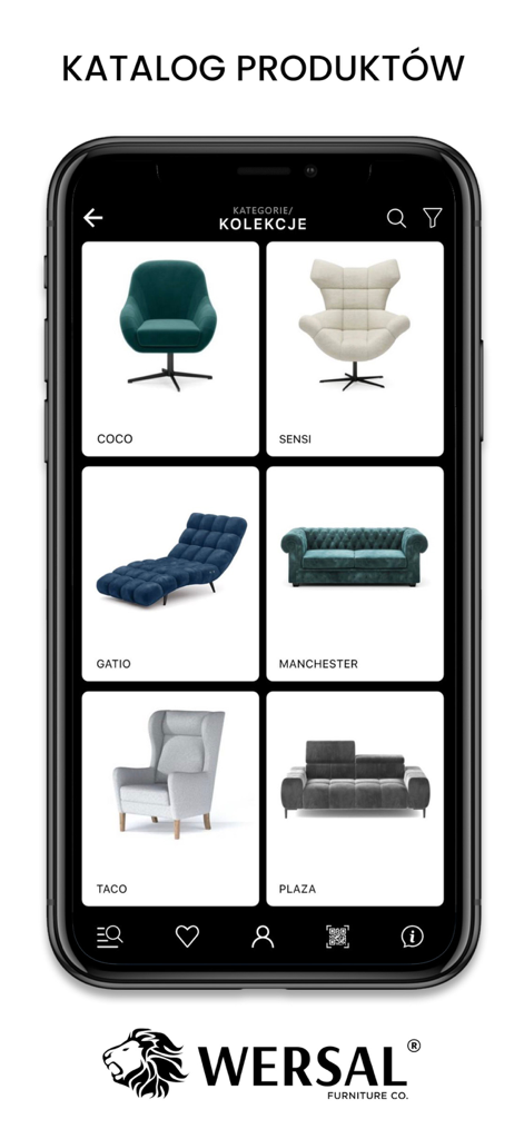 Smartphone screen displaying the WERSAL AR furniture product catalog with various sofa and chair models.