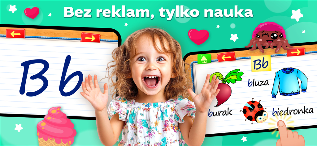 Gra Alfabet dla Dzieci - A happy young girl next to an educational app screen showing the Polish letter B with illustrated vocabulary words
