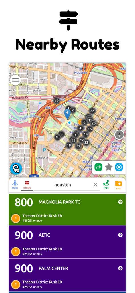 Houston Transit Metro - Screenshot of the Houston Transit Metro app showing a map with nearby bus stops and route lists for Magnolia Park and Palm Center