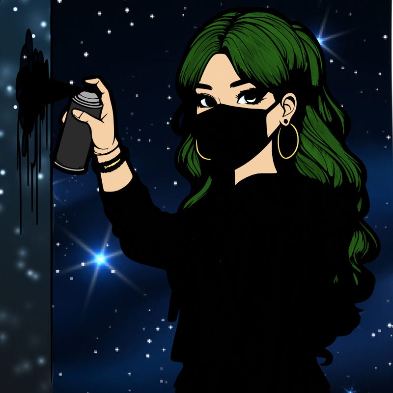 realistic girl with mask spray painting a wall