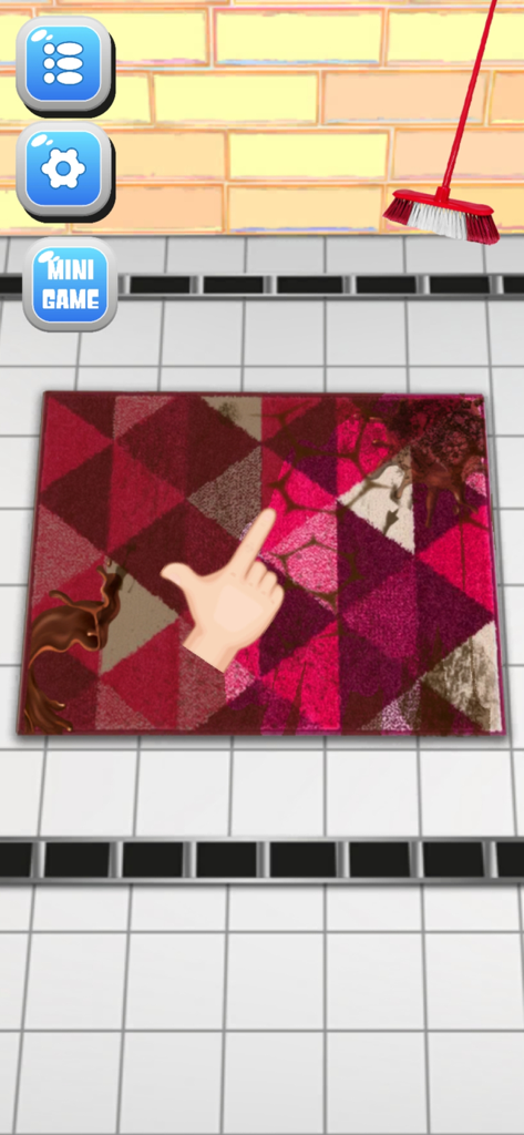 A gameplay screenshot of the Carpet Cleaning ASMR game showing a dirty patterned rug on a white tiled floor with a red broom ready for cleaning