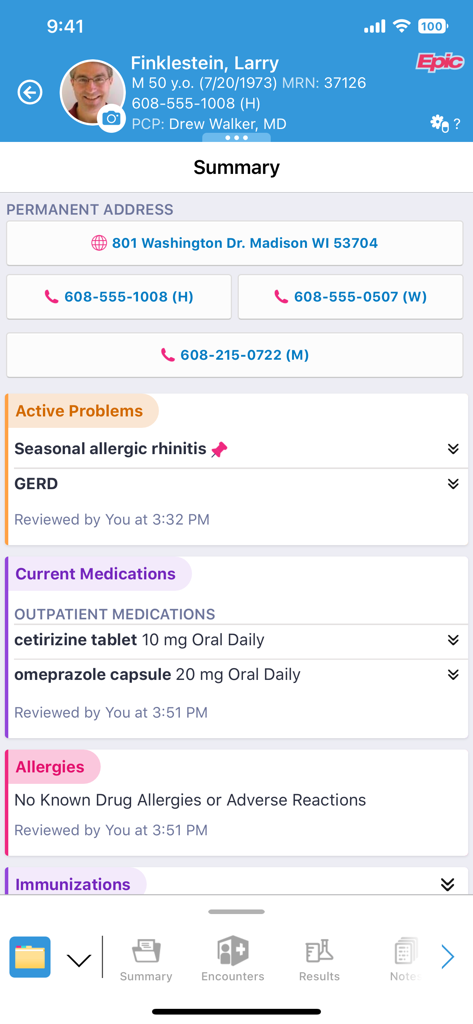 Epic Haiku app patient summary screen showing medical history and medications