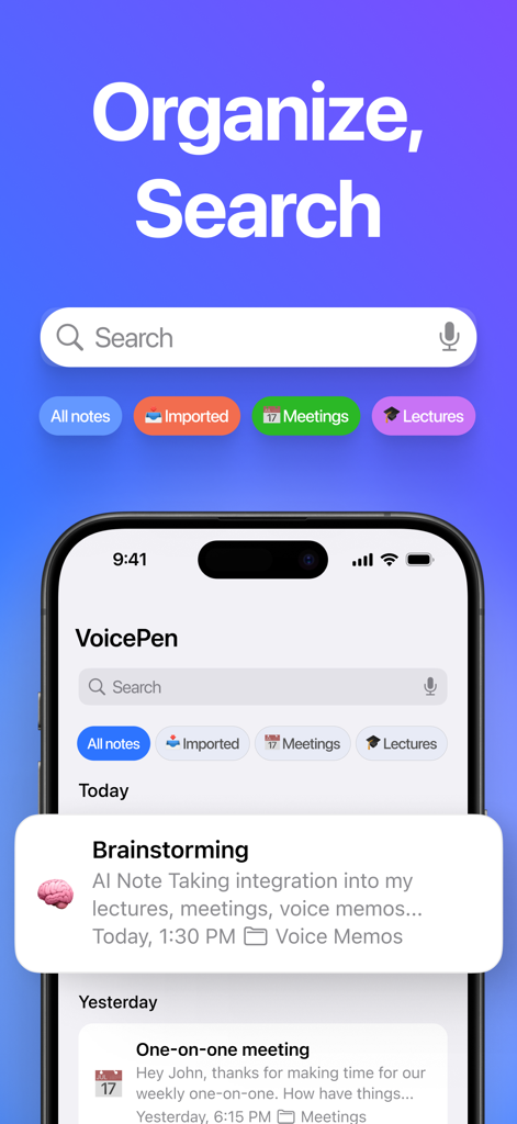 AI Note Taker – VoicePen - VoicePen app interface showing the organize and search feature with categorized folders for meetings and lectures