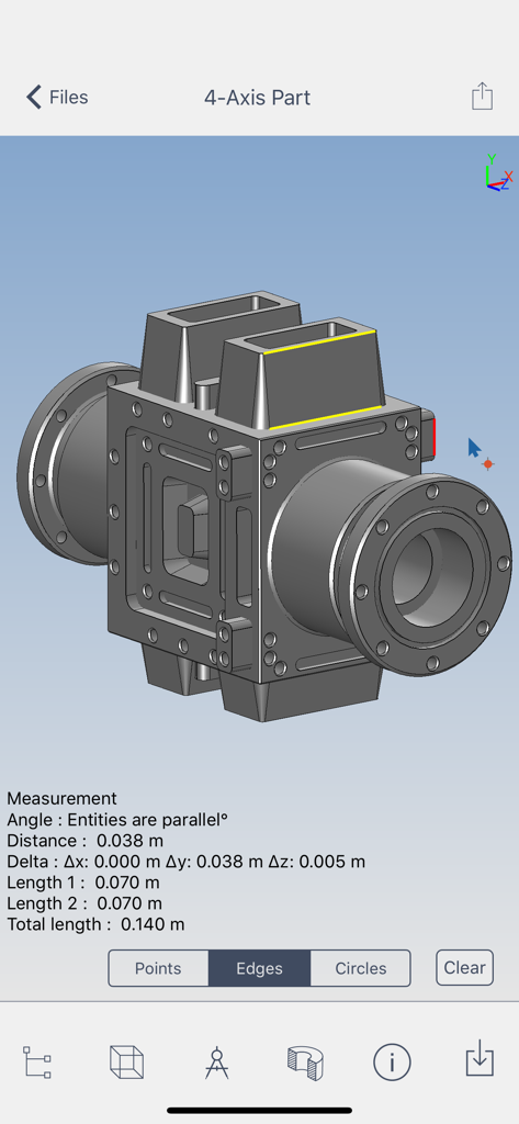 Aplicación Glovius mostrando un modelo CAD 3D con herramientas de medición punto a punto y dimensiones en un dispositivo móvil
