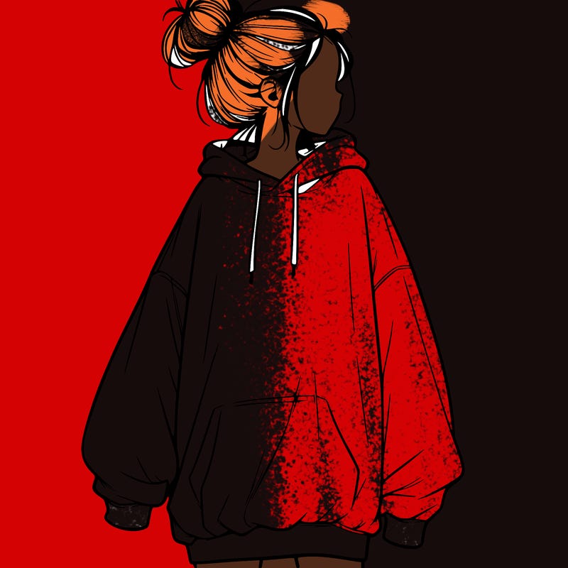 realistic girl with a oversized sweatshirt on and a bun