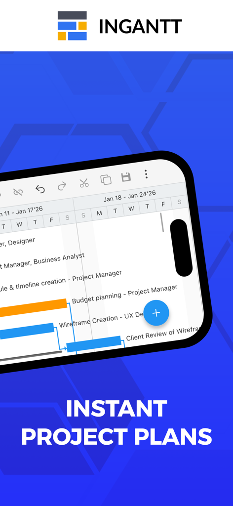 Gantt chart AI planner Ingantt - Écran de smartphone montrant un diagramme de Gantt professionnel avec des tâches et des calendriers de projet générés par IA