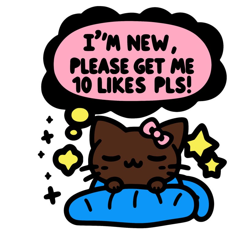 kitty taking a nap dream talking and saying "i'm new, please get me at least 10 likes pls!!"