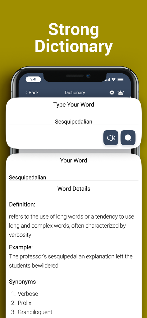 A screenshot of the Translate Chat Translator app showing the dictionary feature with a definition and synonyms for the word Sesquipedalian