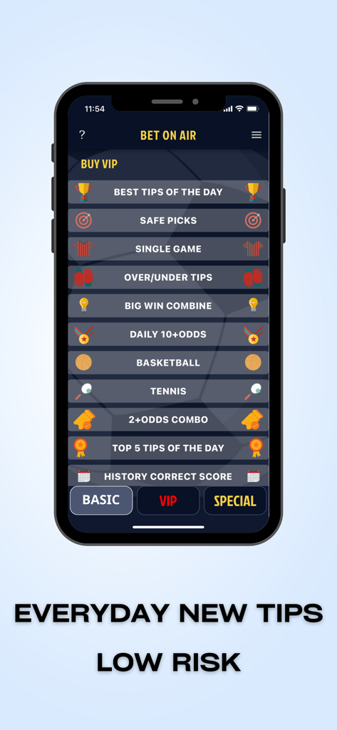 Bet On Air mobile app main menu with daily betting tips for various sports