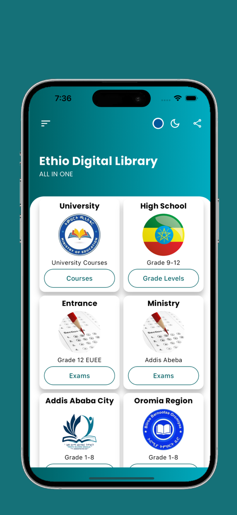 Ethio Digital Library - Home screen of the Ethio Digital Library app showing educational categories for University, High School, Entrance exams, and regional curricula like Addis Ababa and Oromia.