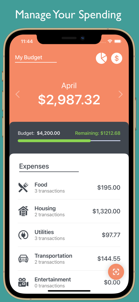 Interfaccia di un'app mobile che mostra una panoramica del budget mensile con spese totali, saldo rimanente ed elenchi di spese categorizzate.