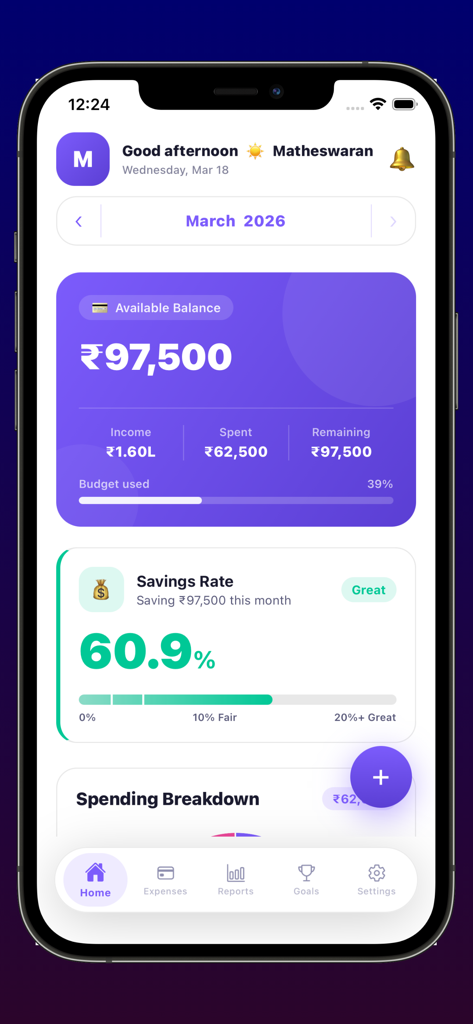 Expense Tracker Budget Manager - A clean finance app dashboard displaying available balance, budget usage progress, and savings rate tracking.