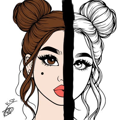 realistic girl with two buns on her hair and lips