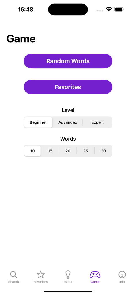 L'écran des paramètres de jeu de l'application De Het affiche les options pour les mots aléatoires, les niveaux de difficulté et le nombre de mots à pratiquer.