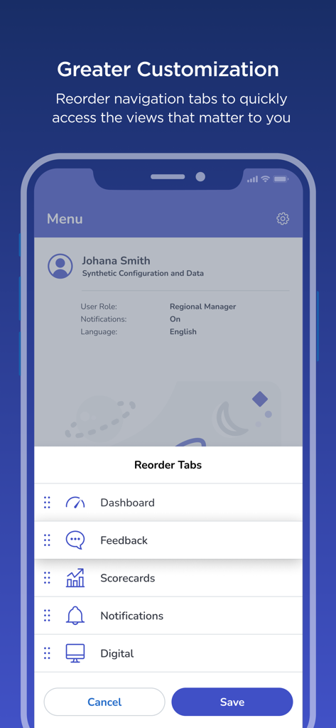 Medallia Mobile 3 - Medallia Mobile 3 app screen for reordering navigation tabs