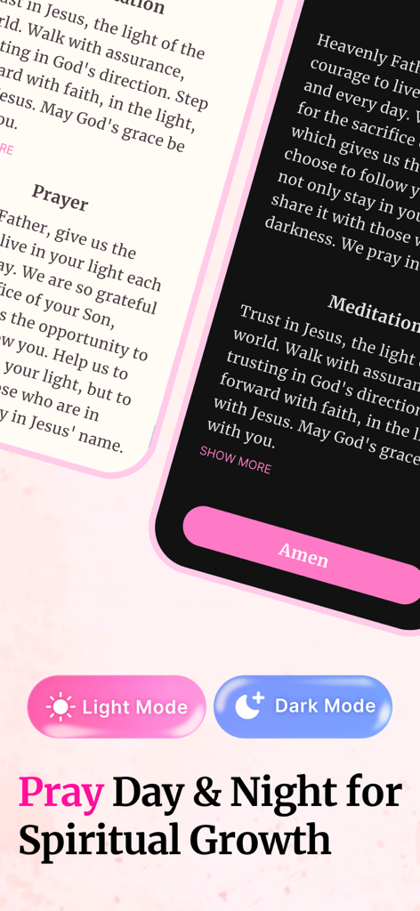 Bible For Women. - A comparison of the Bible For Women app interface in light and dark mode featuring daily prayers and meditations