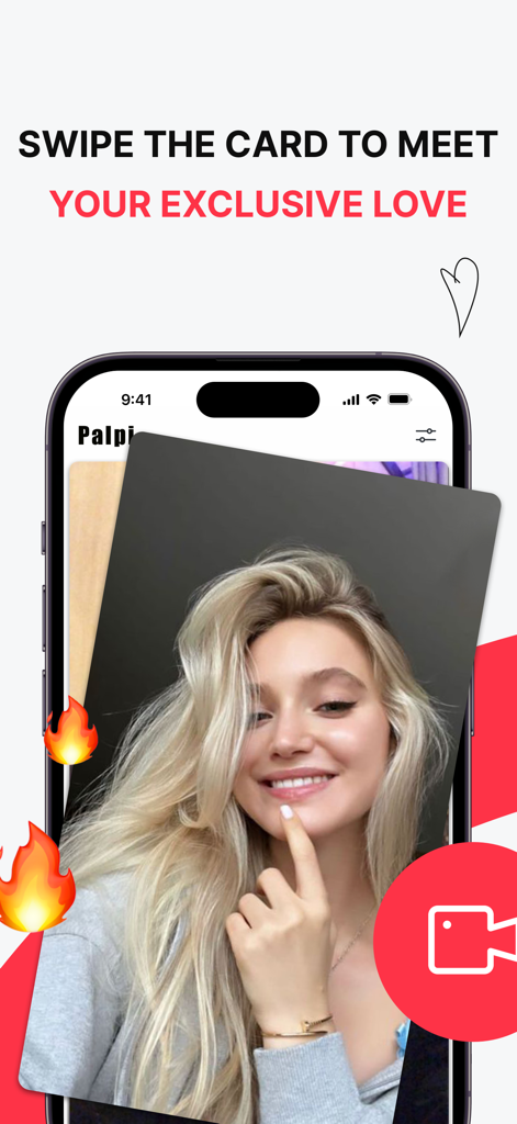 Palpi-Live video chat &meet - Interface of the Palpi app showing a woman's profile card and the text Swipe the card to meet your exclusive love.