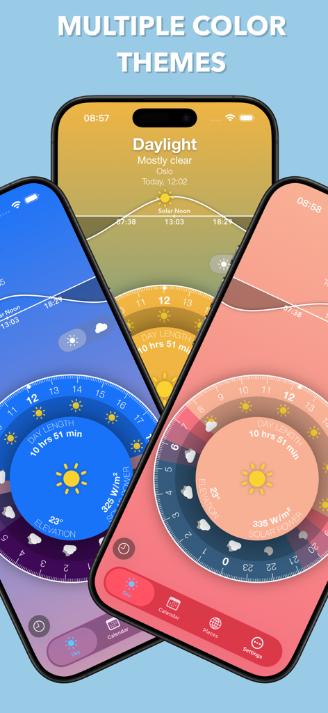 Sunrise Sunset Widget - Três iPhones mostrando diferentes opções de temas de cores para o aplicativo Widget de Nascer e Pôr do Sol.