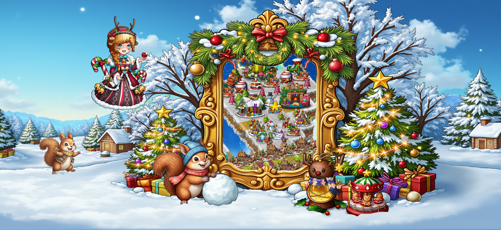 A festive Christmas scene from Dragon and Elfs merge game with snow, decorated trees, and cute winter characters.