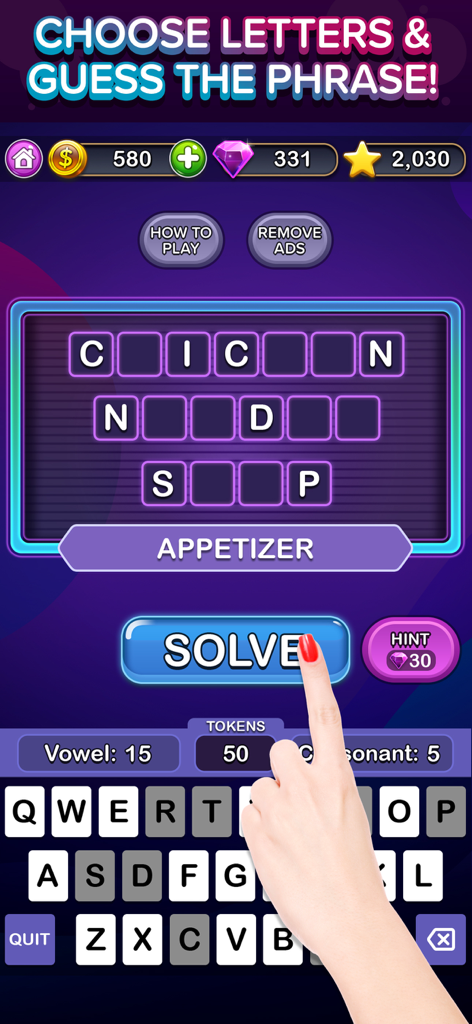Trivia Puzzle Fortune Games! - A player solving a word phrase puzzle in the Trivia Puzzle Fortune Games app