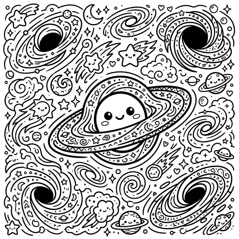 Journey into an adorable universe with our Kawaii Black Hole Patterns coloring page! This design blends the mysteries of space with irresistibly cute characters, perfect for a delightful coloring experience.
