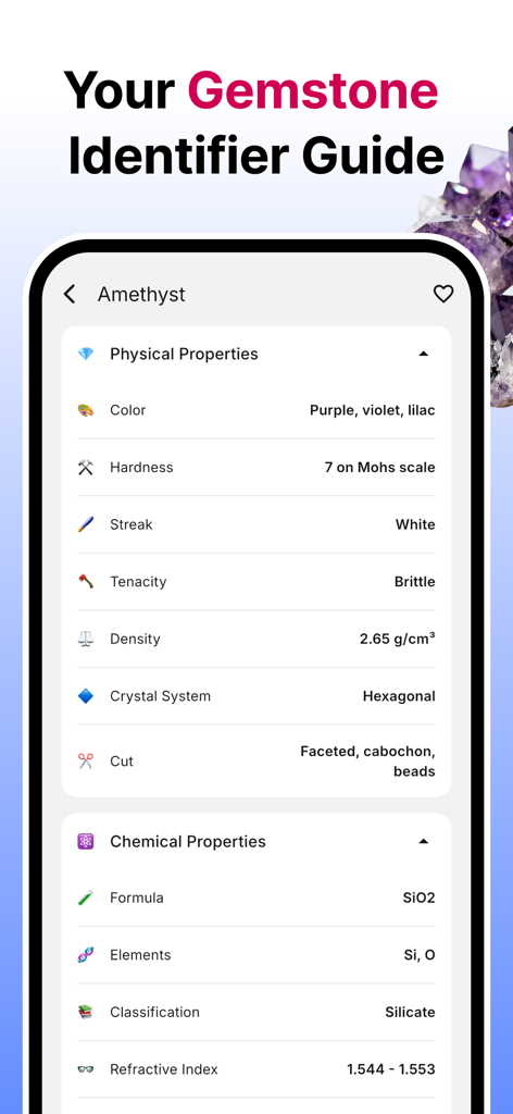 Rock Identifier: Gem & Rock ID - Una guía detallada de identificación de gemas que muestra las propiedades físicas y químicas de una amatista