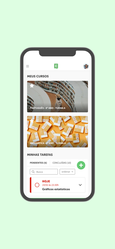 Essia mobile app interface displaying student courses and academic tasks list