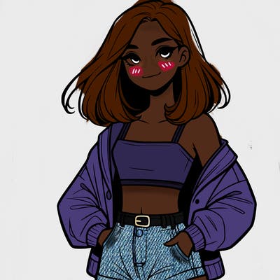a realistic girl with a crop top and short shorts in an open jacket