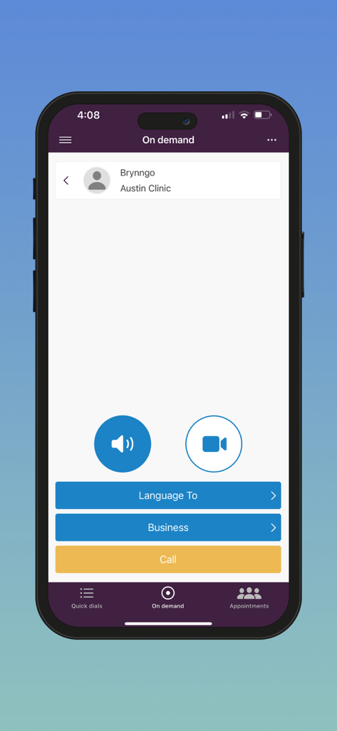 InterpretManager app interface for on-demand audio and video interpreter calls.