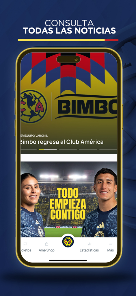 Club América - App oficial del Club América mostrando el feed de noticias con actualizaciones del equipo y fotos de los jugadores