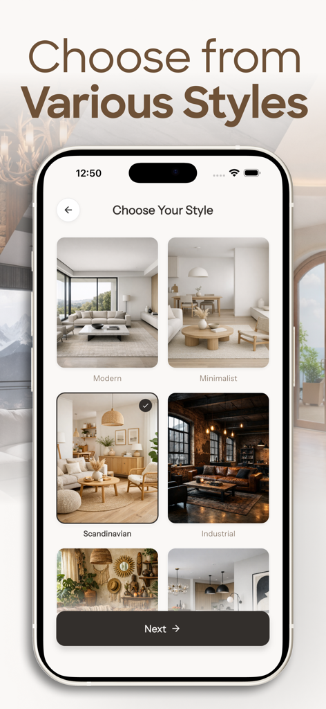 AI Interior Design - DesignIt - Pantalla de la aplicación móvil que muestra una selección de estilos de diseño de interiores como Moderno y Escandinavo.