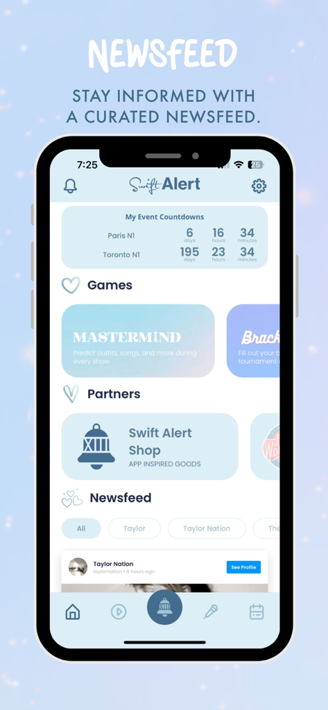 Swift Alert - Interface of the Swift Alert app showing concert countdowns, games, and a curated newsfeed for Taylor Swift fans.