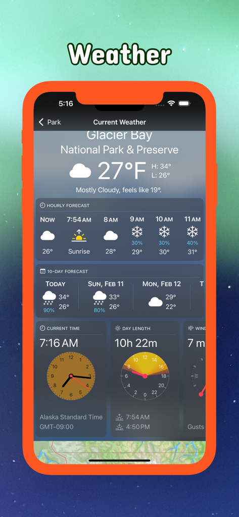 Alaska Pocket Maps - Current weather and day length details for Glacier Bay National Park in the Alaska Pocket Maps app