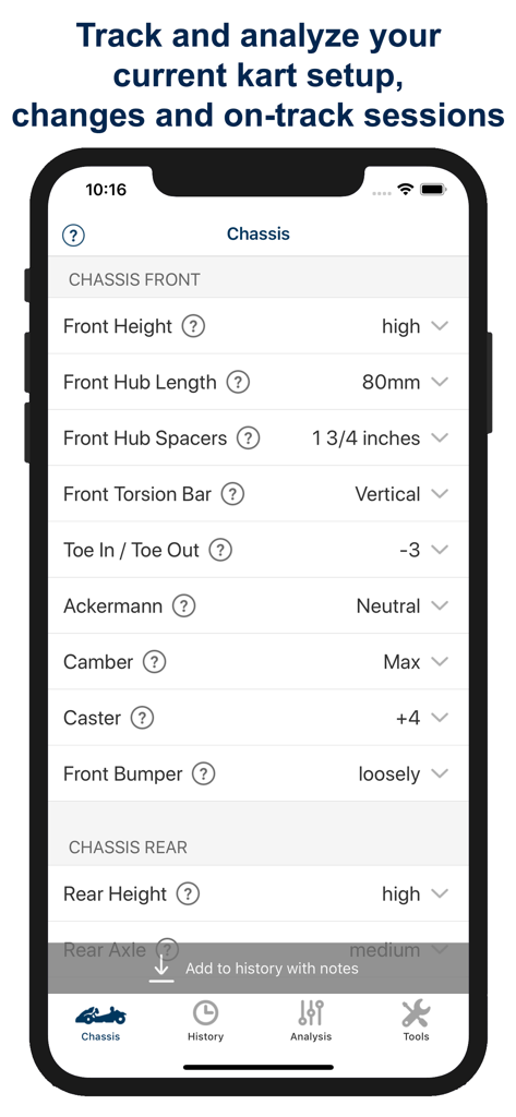 Kart Chassis Setup PRO app interface showing front and rear chassis tuning options