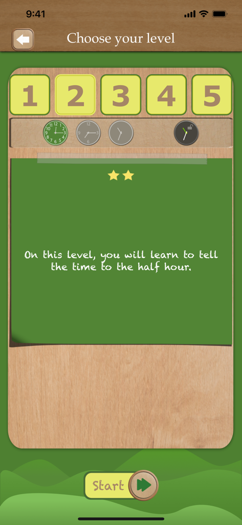 Level selection screen in the Set the clock app showing levels one through five